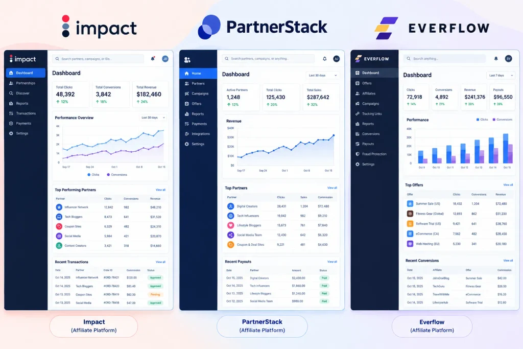 Compare high-ticket affiliate program dashboards on Impact and PartnerStack