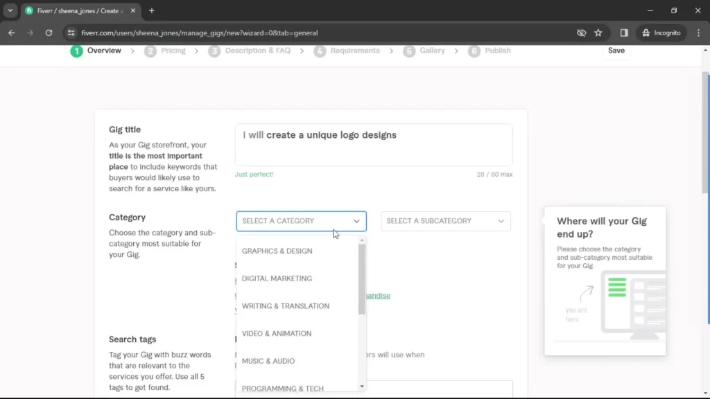 create a freelance service listing on Fiverr